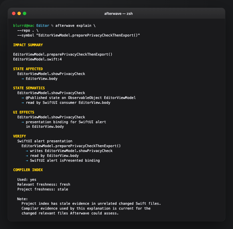 Terminal with the explain command and the full human impact report