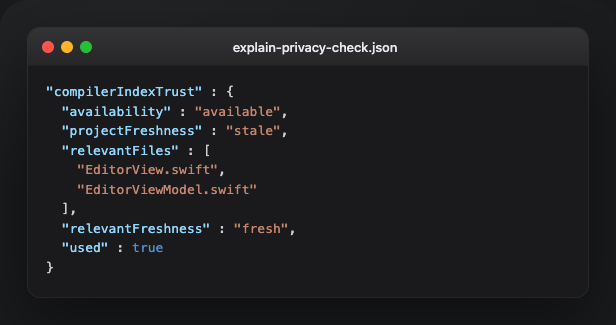 Cropped compilerIndexTrust JSON with used, availability, and both freshness fields